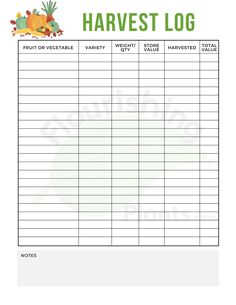 a printable harvest log is shown