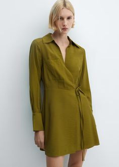 Bow wrap dress - Women | Mango USA Long Sleeve Wrap Dress, Dress Shapes, Designer Shorts, Mini Wrap Dress, Khaki Green, Nordstrom Dresses, Satin Dresses, Fitted Dress, Wrap Style