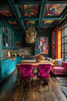 a dining room with colorfully painted ceilings and wooden floors is pictured in this image