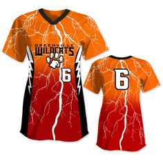 an orange and black baseball jersey with the number six on it, featuring lightning bolts