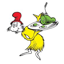 the cat in the hat is carrying a plate with a bug on it's back