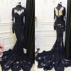 High-Neck Beaded Long-Sleeve Mermaid Appliques Lace Sequined Black Gothic Wedding Dress, Long Sleeve Cocktail Dress, Long Sleeve Evening Dresses, Black Prom Dress, Evening Gowns Elegant, Black Prom, Gothic Wedding, Mermaid Evening Dresses, Dresses Elegant