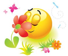 a yellow smiley face holding a flower in it's mouth with butterflies flying around