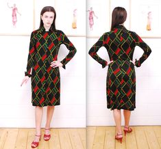 "1970's DIANE von FURSTENBERG Black Geometric Print Jersey Shirt Dress / Made in Italy - Fits Like - S/M - Label Size 8 - Label DIANE von FURSTENBERG Made in Italy - Jersey fabric has some stretch - Very Good Vintage Condition Bust - 32\" some stretch Waist - 29\" some stretch Hips - 34\" some stretch Length (Highest to Lowest Points) - 39 1/2\"  Front Neckline to Natural Waist - 11 1/2\" Natural Waist to Hem - Approx. 25\" Sweep - \" Shoulders - 13 1/2\" Sleeve - 23\" Model Measurements Bust - 30\" Waist - 24\" Hips - 33\" Height - 5'4\" Please visit our sister shop for tons other great finds! https://www.etsy.com/ca/shop/PontiacDryGoods W1885" Jersey Shirt Dress, Jersey Shirt, Dress Clothes For Women, Von Furstenberg, Diane Von, Diane Von Furstenberg, Geometric Print, Jersey Fabric, Dress Making