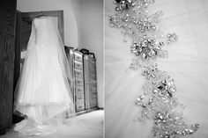 a wedding dress hanging on the wall next to an open door and a bride's gown