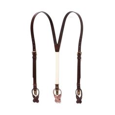 These chestnut-brown leather suspenders are one of our favorite pairs for creating a relaxed, put-together look for casual or semi-formal occasions. Bold stitching and weathered hardware lend them character and a soft elastic back strap increases comfort and mobility. We love these paired with tan trousers and a white tee for a laid-back feel. Tan Trousers, Leather Suspenders, Chestnut Brown, White Tee, Back Strap, Suspenders, Formal Occasion, Chestnut, Semi Formal