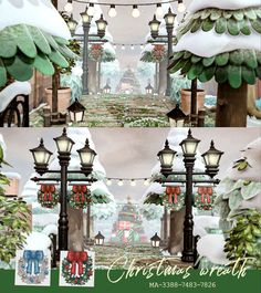 the christmas wreath is hanging in front of two street lamps and some snow covered trees