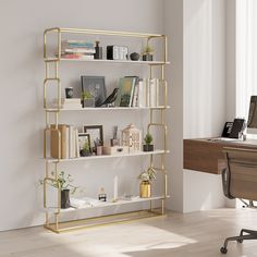 a room with a desk and shelves filled with books