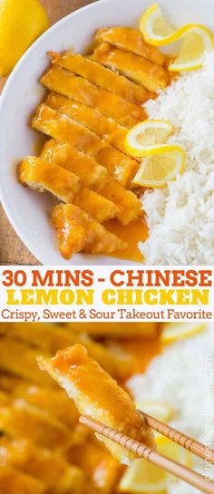 the cover of 30 mins - chinese lemon chicken by crispy, sweet and sour takeout favorite