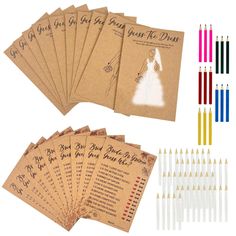 six wedding program booklets with colored pencils and markers in each one's envelope