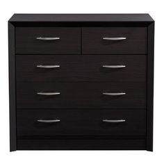 a black dresser with five drawers and chrome handles