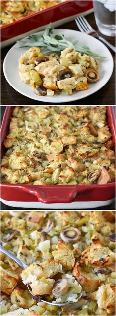 an image of a casserole dish with mushrooms and bread in it on a plate