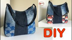 two pictures show how to make a denim purse