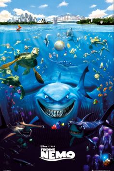 the movie poster for finding nemo, which features an image of sharks and other sea creatures