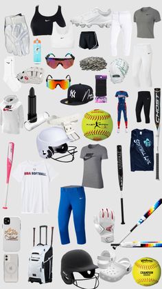 an assortment of sports gear and equipment displayed on a white background