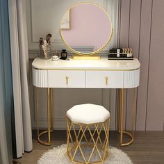 a dressing table with a mirror and stool