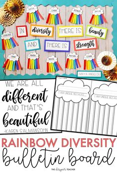 rainbow themed bulletin board with the words, we are all different and that's beautiful