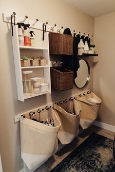 the bathroom is clean and ready to be used as a storage area for personal care items