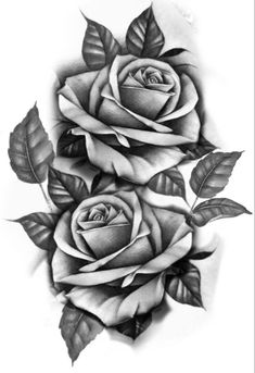 two roses with leaves on the side and one is black and white, while the other has