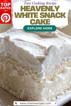 a close up of a piece of cake on a plate with the text, fast cooking recipe heavenly white snack cake explore more