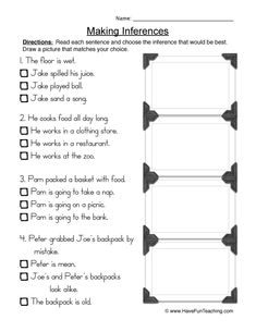 worksheet for making inferences with pictures on the back and top