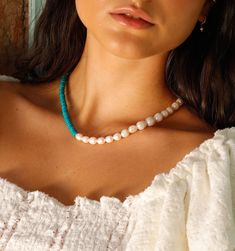 You'll be summer ready in this richly colored Turquoise and Pearl Necklace. This chunky necklace is an effortless addition to your layered line up. Make your stack shine with a contrasting strand of freshwater pearls and stunning turquoise. Adjustable Turquoise Single Strand Pearl Necklace, Chunky Necklace, Summer Ready, Fresh Water, Freshwater Pearls, Pearl Necklace, Beaded Necklace, Make Your, Turquoise