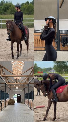 four photos of women riding horses in an arena