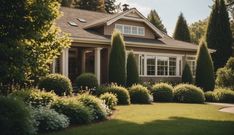 a house with lots of trees and bushes around it's front yard, in the daytime