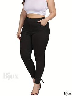 Bjux - Womens Plus Size Premium Casual Pants: Solid High Rise with Medium Stretch in Skinny Fit Stretch Straight Leg Leggings With Pockets, High Waist Tight Pants With Pockets, Tight Full-length Bottoms With Pockets, Spring Trousers Leggings With Pockets, Tight Full-length Pants With Pockets, Stretch Ankle-length Jeans, Stretch Leggings With Pockets, Solid Ankle-length Leggings With Pockets, Stretch Leggings With Pockets And Tapered Leg