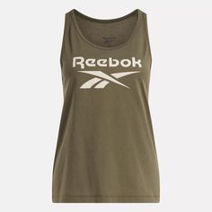 Wear your Reebok pride front and center. This women's training tank top features a bold Vector logo to go with your sporty style. The single jersey cotton has a breezy feel that keeps you comfy through light workouts and long, lazy afternoons. Athletic Fit Cotton Tank Top For Sports, Cotton Athleisure Tank Top For Training, Sporty Athletic Fit Cotton Tank Top, Sporty Cotton Athletic Fit Tank Top, Sporty Cotton Tank Top For Training, Cotton Training Tops With Logo Print, Casual Tank Top With Letter Print For Training, Cotton Racerback Tank Top For Sportswear, Cotton Activewear With Athletic Fit For Light Exercise