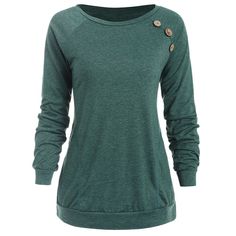 Buttons Embellished Long Sleeve T-shirt - Greenish Blue - 3200606113 - Women's Clothing, Women's Tops & T-Shirts, Women's T-Shirts  #WomensTShirts #Women's #Clothing # #Women's #Tops #& #TShirts # #Women's #TShirts Raglan Sleeve Pattern, Lace Up T Shirt, Three Quarter Sleeve Dresses, Tees Pattern, Round Neck Shirt, Greenish Blue, Women's Casual Style, Shirts Women, Casual Tops For Women