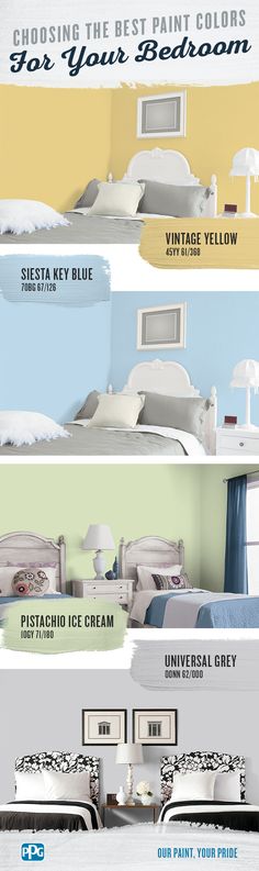 an advertisement for paint colors that are white, yellow and blue with the text choosing the best paint colors for your bedroom