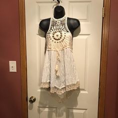 16 Inches Pit To Pit Elastic Back Asymmetrical Hemline Chic Sleeveless Crochet Top For Festival, Chic White Crochet Top For Festival, Sequin Halter Top, Overlay Blouse, Light Blue Tie, Cold Shoulder Shirt, Maxi Tops, Asymmetrical Blouse, Black Blouse Long Sleeve