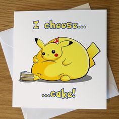 a card with a cartoon pikachu holding a piece of cake on top of it