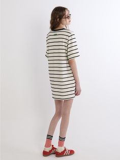 This is a modern and comfortable marine dress by GREENBUTTER that is made out of high quality and sturdy fabric. With unique design detail and trendy mood, you can style it for your casual and young daily outfit.- Voluminous jacquard stripe pattern- Logo label on the back- Tentar and tumble washed fabric Casual Cotton Dress With Vertical Stripes, Casual Striped Work Dresses, Casual Striped Dresses For Work, Casual Striped Workwear Dress, Casual Vertical Stripes Dresses For Work, Casual Vertical Striped Dresses For Work, Casual Vertical Stripes Workwear Dresses, Casual Spring Dresses With Contrast Stripes, Casual Workwear Dresses With Vertical Stripes