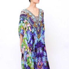 Brand - Shahida Parides One Size Fits ( 2-14 ) Usa Size Kaftan Dress Multi Wear 3 Ways To Different Style Shahida Long Kaftan Dress Convertible Kaftan One Of 3 Ways For Style You'll Love! Versatility Ensures You'll Never Be Bored Of This V-Neck Lace Up Kaftan! - V-Neck, Halter, Off-The-Shoulder Neckline Handmade Kaftan - Approx. 58”-60" Long Kaftan - Viscose Silk Crepe Kaftan Dress Women's Caftan Dress_long_caftan_for_women Spring Kaftan With Embellished Kimono Sleeves, Spring Embellished Kaftan With Kimono Sleeves, Bohemian Embellished Silk Kaftan, Embellished Silk Bohemian Kaftan, Multicolor Embellished Maxi Length Kaftan, Multicolor Embellished Maxi-length Kaftan, Embellished Multicolor Maxi Length Kaftan, Floor-length Purple Bohemian Kaftan, Elegant Multicolor Kaftan With Kimono Sleeves