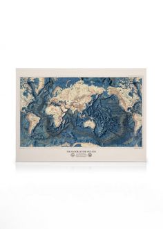 the world map is shown in blue and white, with an ocean theme on it