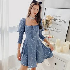 Https://Amaridela.Company.Site/Flare-Poka-Dot-Mini-Dress-P615750121 This Women's Dress Is A Playful Combination Of Mini And Flare Styles, Featuring A Charming Polka Dot Pattern. It's Cute, Fun And Flirty Design Includes Gathering At The Chest, A Stretchy Waistband And Buff-Style Sleeves. The Square Neck Adorned With A Delightful Mini Bow, Adding A Touch Of Whimsy To The Overall Look. Mini Bow, Lantern Sleeve Dress, Neck Bow, Mini Bows, Bow Design, The Square, Polka Dot Pattern, Fit N Flare Dress, Lantern Sleeves