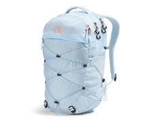 The North Face Borealis Luxe - Backpack Bags : Barely Blue/Burnt Coral Metallic : Pack your stuff smartly and go anywhere carrying the The North Face Borealis Luxe. Crafted from 210D recycled nylon ripstop with non-PFC durable water-repellent (non-PFC DWR) finish, this bag features premium, metallic embroidered logo and metallic zipper pulls, FlexVent suspension system, articulated shoulder straps, rounded back panel, comfortable stitch lines and soft-touch chemise fabric. It comes with external bungee-compression system with clips that offers several options for organization, side bungee cords, bottom compression, stand-up design and protective dedicated laptop compartment. This bag also has one large main compartment, front compartment has internal organization with secure-zip pockets an The North Face Borealis Backpack, Northface Backpacks Borealis, North Face Backpack Borealis, Blue Northface Backpack, Blue The North Face Outdoor Bag, North Face Bag, North Face Borealis, School Backpack Essentials, Backpack Essentials