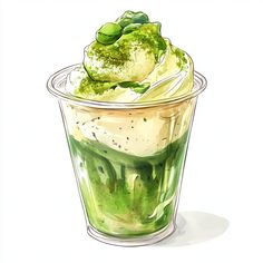 a drawing of a green drink with ice cream and broccoli in the cup