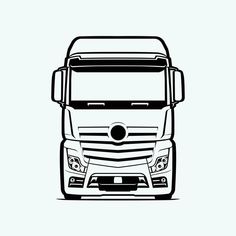 a black and white drawing of a truck on a light blue background, with the front end