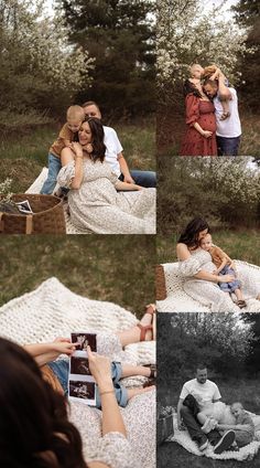 a couple is sitting on a blanket in the woods and having fun with each other