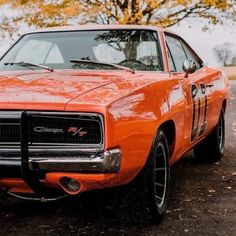 an orange muscle car parked in front of a tree