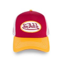 Red with Yellow Trucker - Von Dutch Trucker Hat With Logo Patch And Curved Visor, Trucker Hat With Curved Visor For Baseball Season, Retro Mesh Trucker Hat, Retro Trucker Hat With Curved Visor, Retro Snapback Trucker Hat For Sports, Yellow Sports Trucker Hat With Curved Brim, Yellow Trucker Hat For Sports, Retro Trucker Hat With Embroidered Logo And Curved Bill, Retro Trucker Hat With Curved Visor For Baseball Season