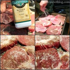 raw meat is being prepared for cooking and then put in the oven with seasoning