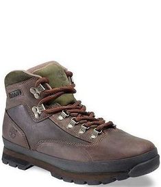 Timberland Men's "Euro Hiker" Hiking Boots | Dillard's High-top Lace-up Hiking Boots With Leather Sole, Lace-up Work Boots With Leather Sole For Adventure, Leather Lace-up Boots With Reinforced Toe For Adventure, Timberland Lace-up Boots For Outdoor Work, Outdoor Leather Sole Lace-up Walking Shoes, Classic Lace-up Boots For Outdoor Activities, Leather Waterproof Boots With Vibram Sole And Snip Toe, Brown Lace-up Leather Shoes For Outdoor, Rubber Sole Lace-up Boots For Walking