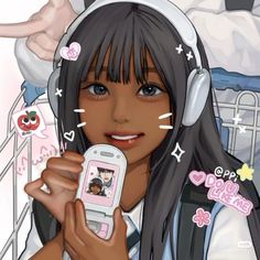 a girl with headphones holding a cell phone