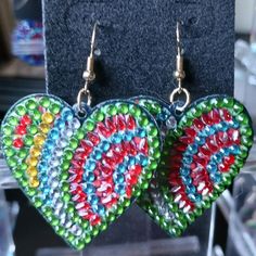 Diamond Drilled Handcrafted Hypoallergenic Earrings. Green Heart-shaped Earrings For Valentine's Day, Handmade Green Earrings For Valentine's Day, Green Heart Shaped Earrings For Parties, Multicolor Heart Charm Drop Earrings, Multicolor Heart Charm Dangle Earrings, Handmade Heart Cut Earrings For Valentine's Day, Multicolor Heart Charm Earrings For Parties, Multicolor Heart Beads Dangle Earrings, Multicolor Heart Beads Earrings For Valentine's Day