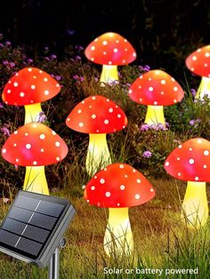 solar powered mushroom lights in the grass