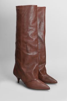 High heels boots in leather color leather, slip on, pointed toe, straight leg, leather sole, 100% leather, 60 mm heel, Made in Italy Brown Pointed Toe Knee-high Boots For Office, Formal Brown Mid-calf Boots With Pointed Toe, Brown Leather Knee-high Boots With Pointed Toe, Brown Calf Leather Knee-high Boots With Pointed Toe, Brown Knee-high Boots With Pointed Toe, Brown Ankle-high Moto Boots With Leather Lining, Luxury Brown Ankle-high Boots, Luxury Brown Ankle-high Heeled Boots, Luxury Brown Ankle-high Moto Boots